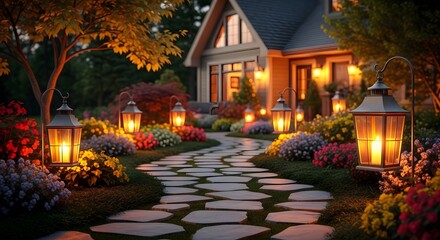 Fototapeta premium A serene and inviting pathway to a warmly lit house at dusk