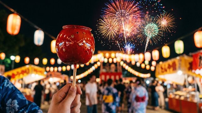 花火とりんご飴の夏祭り幻想風景