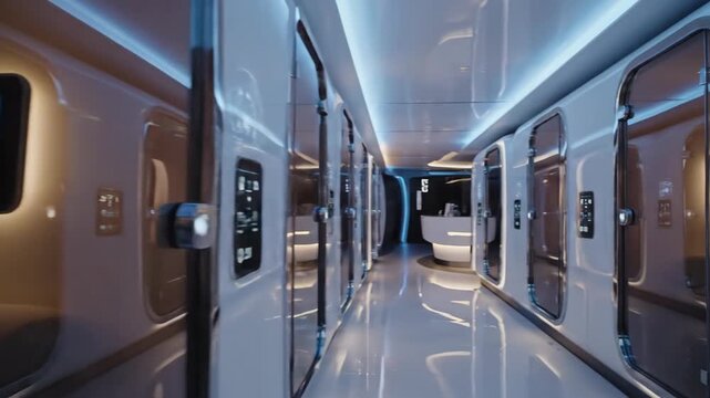 Futuristic modern capsule hotel interior design