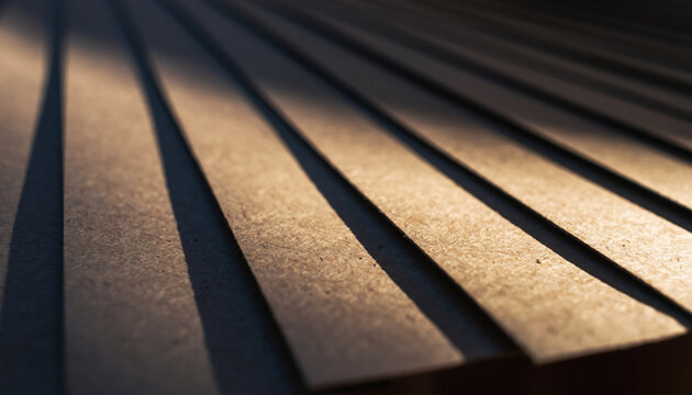 Close-up of stacked wooden planks with shadows and texture.