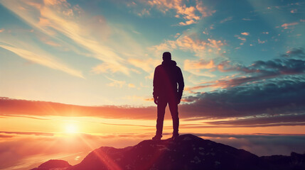Fototapeta premium silhouette of a man standing on a mountain top
