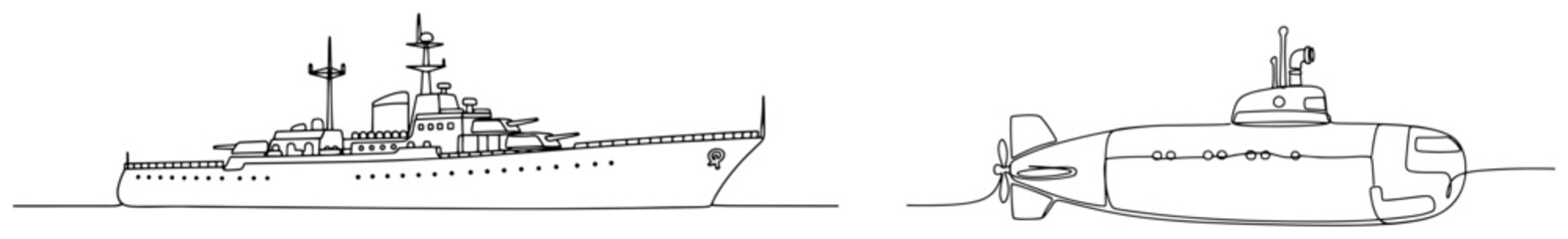 Continuous line drawing of a military warship and a submarine on the water © Alicja