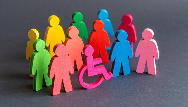 Colorful figures with wheelchair inclusion symbol