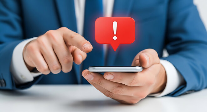 A businessman in a blue suit holding a smartphone with a red warning sign above it, indicating an important alert or notification.