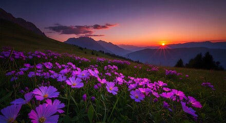 Obraz premium Vibrant purple flowers on a hillside at sunset with mountains in the background