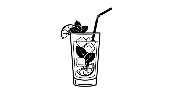 Refreshing Mojito Cocktail with Mint, Lime, and Ice in a Tall Glass, Black and White Icon