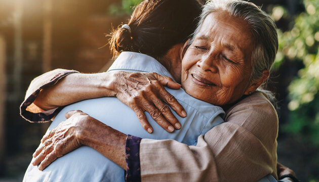Two elderly women embracing warmly outdoors, showing affection and companionship.