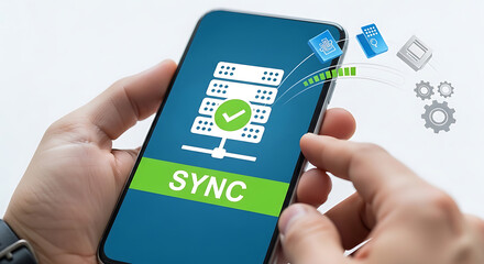A person holding a smartphone with a data synchronization icon on the screen, surrounded by various devices and gears.