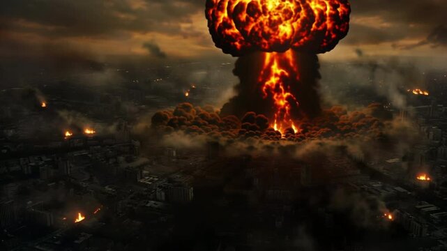 Aerial view of massive fiery explosion dominating dark city buildings with bright yellow blast and orange flames, tailored for action movie sequences.
