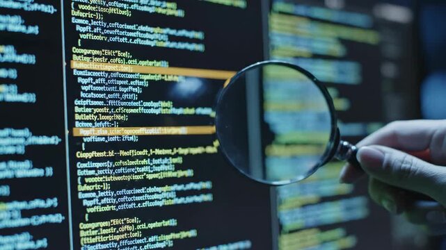Hand holding magnifying glass over digital code interface, symbolizing data analysis, quality assurance, software testing and debugging