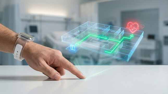 Hand interacts with digital healthcare interface showing patient journey routing in hospital setting
