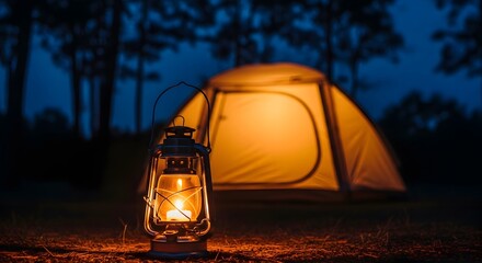 Camping in the woods at night with a lantern and tent