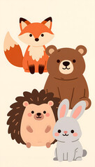 Fototapeta premium Cute woodland animals cartoon set with fox bear hedgehog and bunny