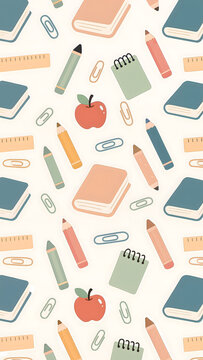Cute school supplies pattern background with books pencils and stationery