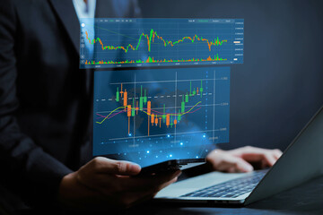 Fototapeta premium Businessman showing stock market graph, business finance and investment concept, finance, capital, global economic growth, coins, business profit graph, long term investment