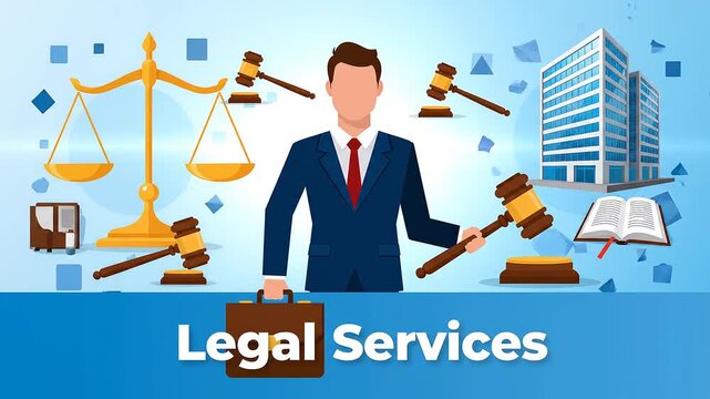 Lawyer holding gavel and briefcase illustration.