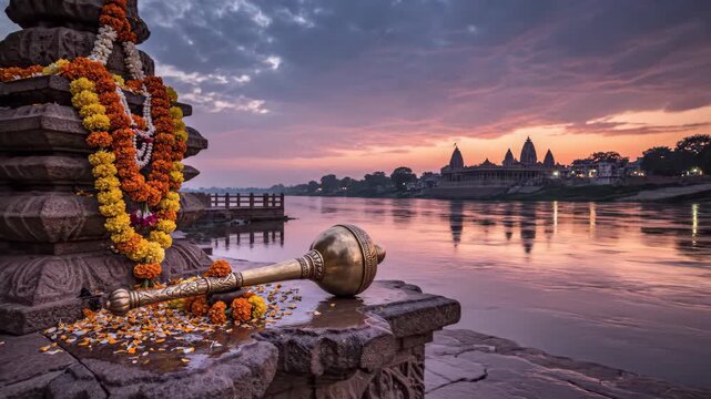 A sacred gada, adorned with marigolds, sits by a serene river at sunset during hanuman jayanti festivities.