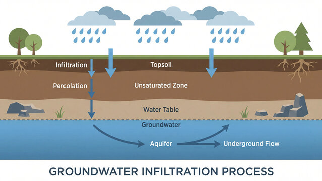 Groundwater infiltration process diagram showing rainfall percolation through topsoil unsaturated zone water table into aquifer and underground flow for hydrology education