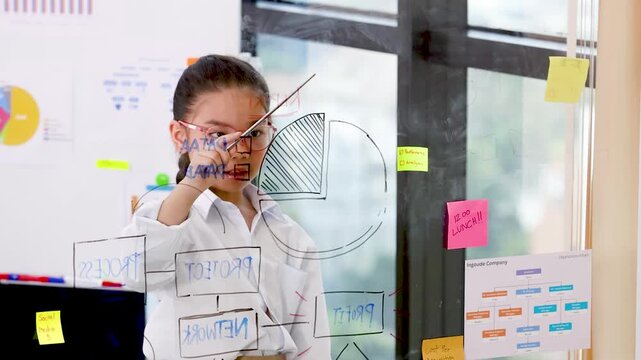 Young Asian Girl in Business Attire Presenting Data on Glass Board