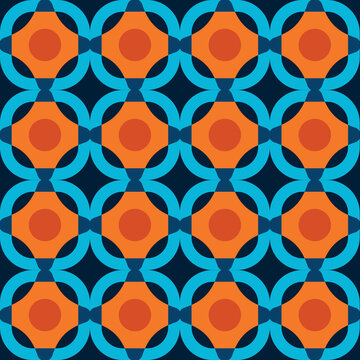 Seamless vector pattern with abstract geometric circles and stars. Minimalist orange line art ornament on a dark blue background for modern textile, wallpaper, and elegant branding design.
