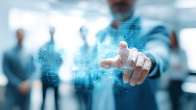 Man touching holographic data display