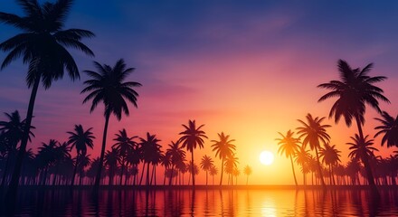 Obraz premium Serene tropical sunset by the ocean with palm trees silhouetted