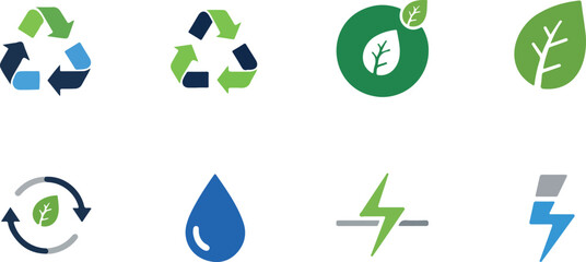 Obraz premium Set of 8 eco friendly icons vector, green and blue sustainable symbols