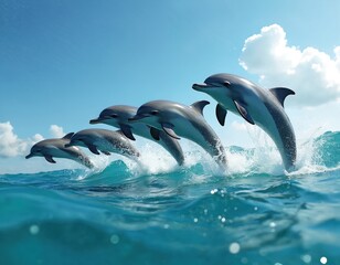 Obraz premium Five dolphins leap from ocean waves under clear blue sky. Marine mammals swim, jump in unison during daytime ocean activity. Group of wild dolphins breach in turquoise water, showing playful energy,