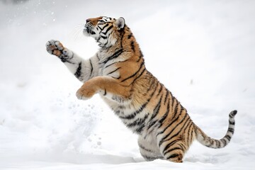 Fototapeta premium Tiger stands on hind legs in snow