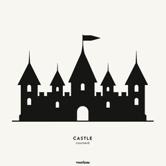 Obraz premium Silhouette of a castle with towers and flag. Represents themes of medieval architecture, storytelling, or fairy tales, useful for designs or illustrations related to fantasy settings.