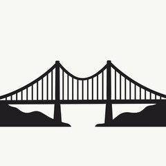 Black silhouette of a suspension bridge spanning across two mountains. This design represents engineering marvels, transport infrastructure, and urban landscapes.