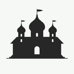 Obraz premium Silhouette of a castle with domes and flags, representing architectural design and cultural landmarks. Useful for themes related to heritage, history, or tourism.