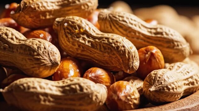 A pile of roasted peanuts in their shells with some shelled nuts