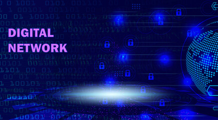 Obraz premium Digital network technology background with cyber security locks and global globe map for website