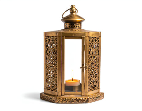Ornate brass lantern with lit candle, intricate cutwork panels