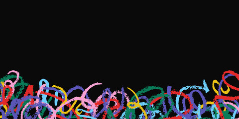 Border of vibrant multicolored crayon scribbles with hand drawn chalk texture isolated on black background. Abstract naive kids drawing design element vector illustration