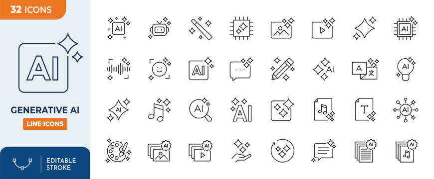 Generative AI icon set. Contain icons related to creative artificial intelligence, text, images, videos, search and data by AI, and more. editable stroke. Vector illustration