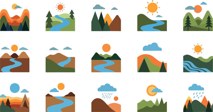 Set of 20 landscape icons vector, nature scenery illustrations