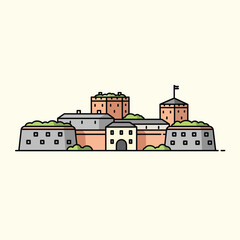 Naklejka premium A cartoon depiction of a medieval fortress, rendered in flat illustration style, with multiple towers, walls, a gateway, and a flag