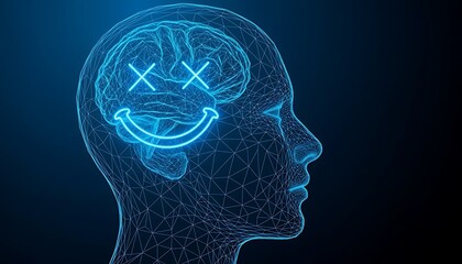 Obraz premium Futuristic Low Poly Wireframe Mental Health Happiness Icon Emotional Wellbeing Medical Concept