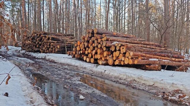 Pile log tree trunks of forest, industrial deforestation. stack of logs. In spring, gravel road in the forest is covered with puddles, making it difficult to drive. snow in forest.