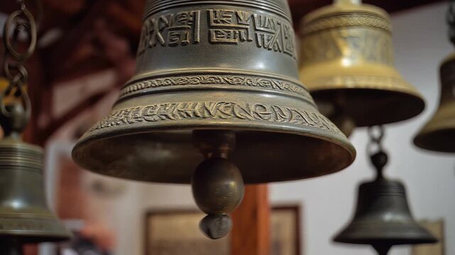 Close-up of antique Tibetan bells with intricate carvings hanging indoors.