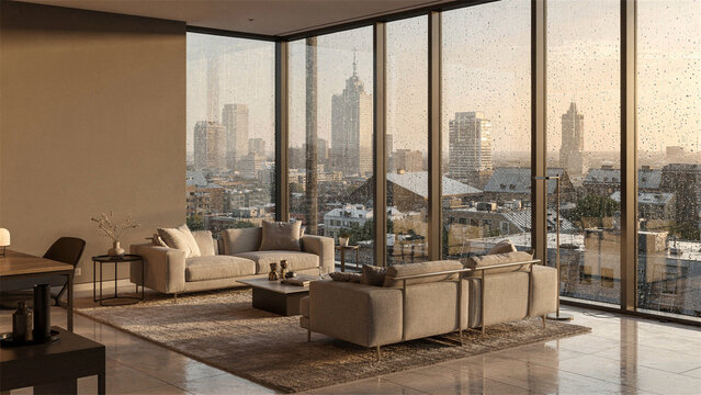 Modern luxury living room with rain covered city view windows