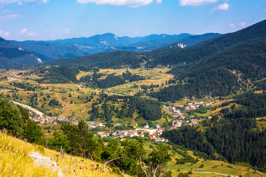 Aeral view Bulgarian Village in Rhodope. Mountains landscape.