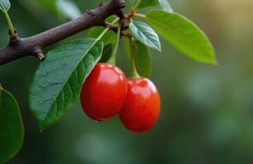Obraz premium Ripe red cornelian cherry fruits hang on a branch with green leaves. Small oval berries grow on a dogwood tree in nature. This healthy edible fruit is vibrantly colored.