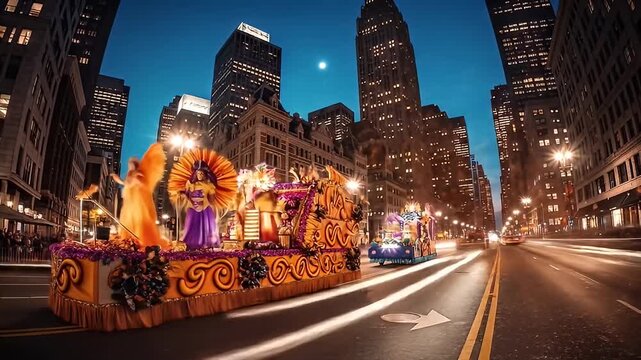 City parade at night, floats on street, tall buildings loom under a dusky moonlit sky