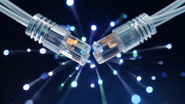 Close up of two ethernet cables connecting with blue light effects.