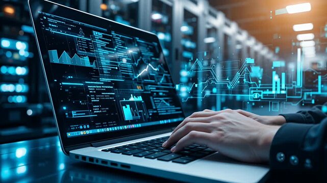 laptop typing in datacenter with blue neon data visualization