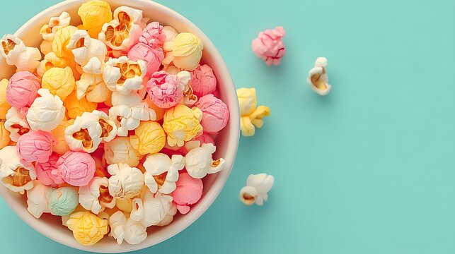 Brightly colored popcorn fills a white bowl