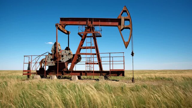 Oil pump jack operates on open oil. Oil extraction, pump equipment, and oil supply illustrate petroleum production, energy resource delivery, and supply chain crisis in oil industry